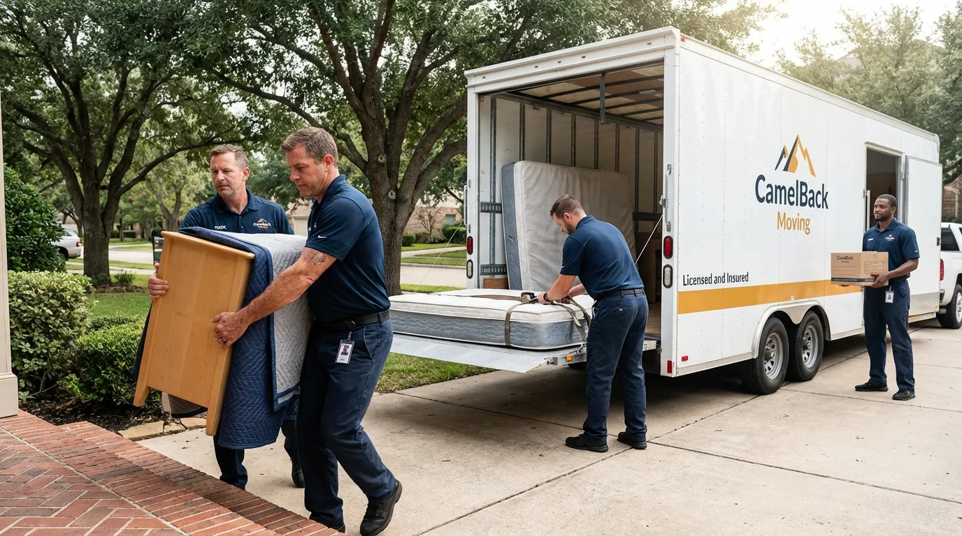 Crew loading residential truck for cross-state move from Alma, AR