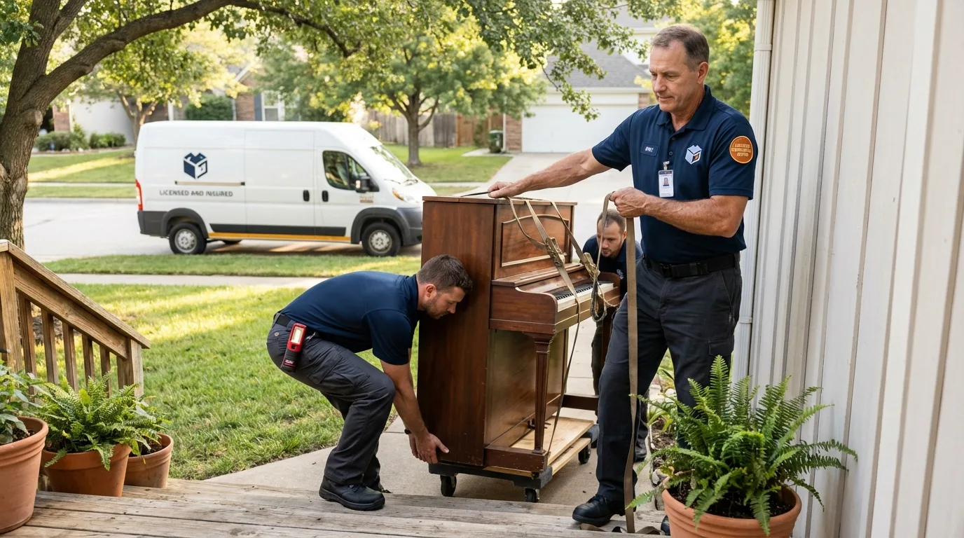 Licensed piano movers securing grand piano in Alma, AR