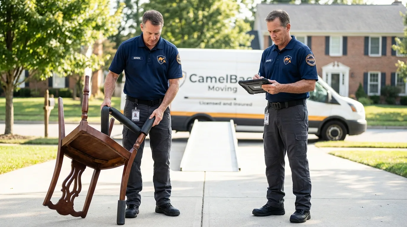 Movers inspecting furniture for damage prevention before loading in Alma, AR