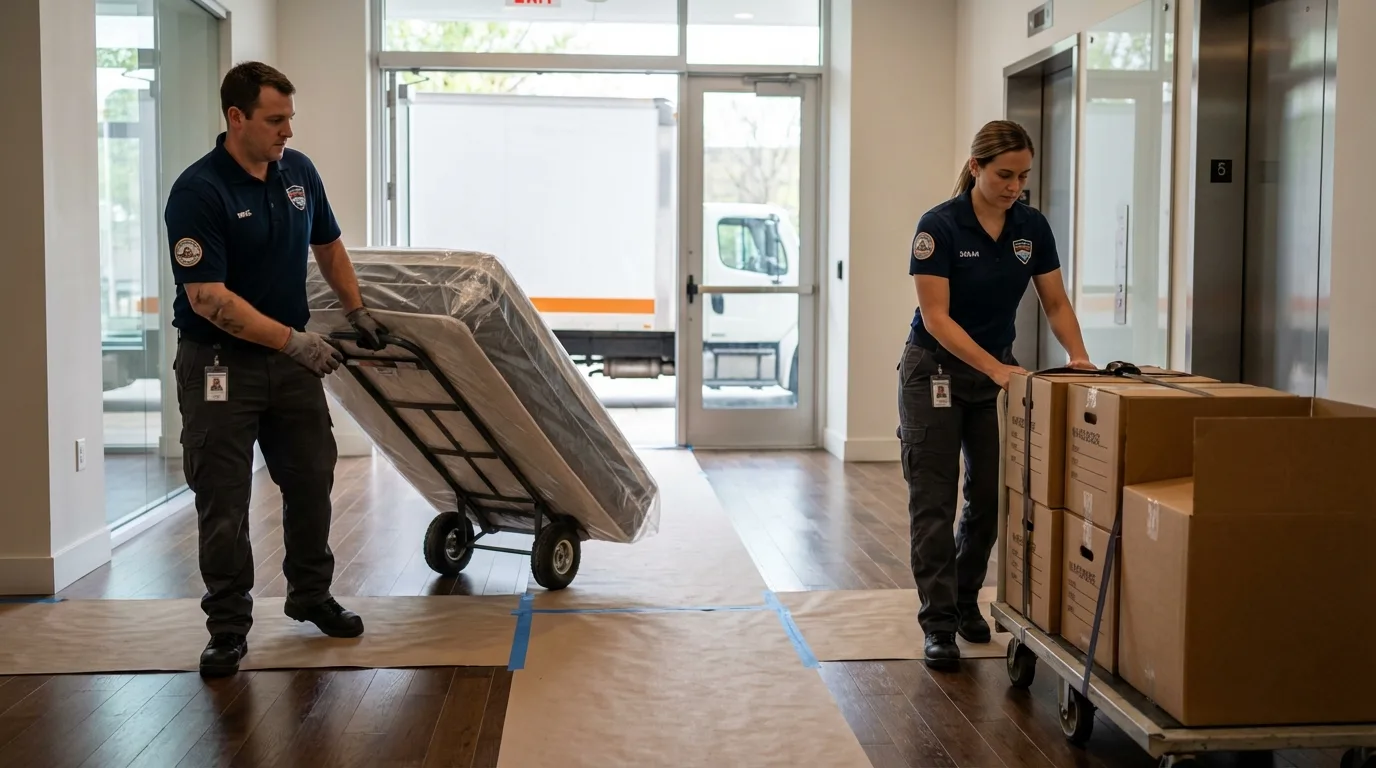 Professional apartment movers loading elevator in Alma, AR